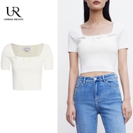 URBAN REVIVO T-shirt For Women Tie Front Fitted Tee Solid U-Neckline Knotted Crop Top