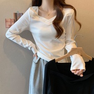 Women White Long Sleeve T-Shirts V Neck Slim Long Sleeve Shirts Plain Plus Size Causal T-Shirts for 