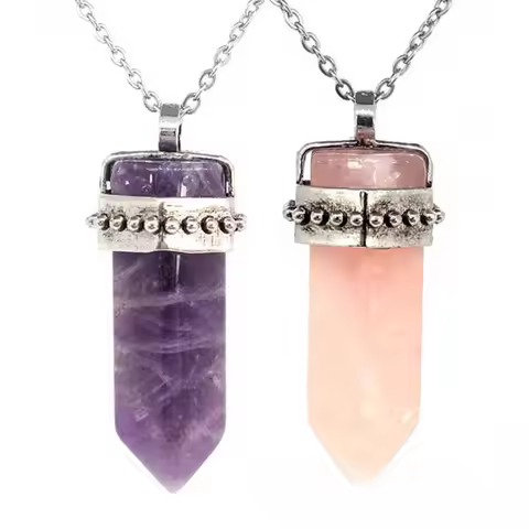 Healing Crystal Hexagon Prism Stone Pendant Necklace For Women Natural Amethyst Rose Quartz Agate St