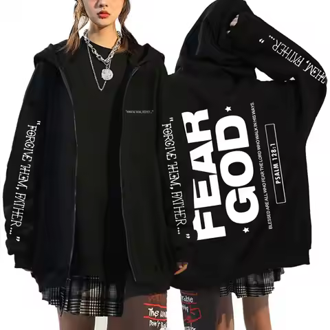 Christian Religious Jesus Forgive Them Father Fear God Zipper Hoodie Men Women Gothic Rock Oversized