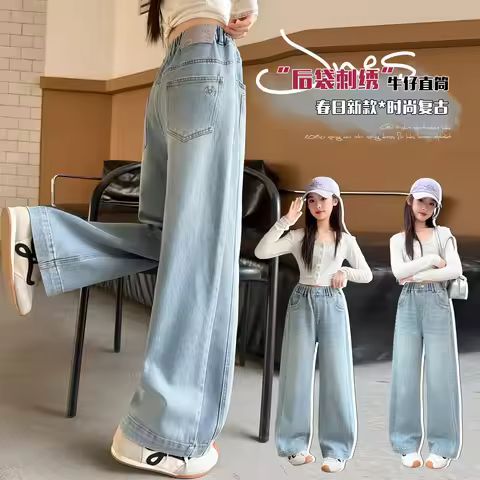 Girl Jeans Harajuku 2000s Y2K Pocket Pattern Embroidery Wide Leg Pants Loose for Girls Trouser Stree