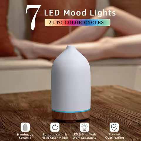 Ceramic Essential Oil Diffuser Ultrasonic Aromatherapy Humidifier with 7-Color LED Lights Auto Shut-