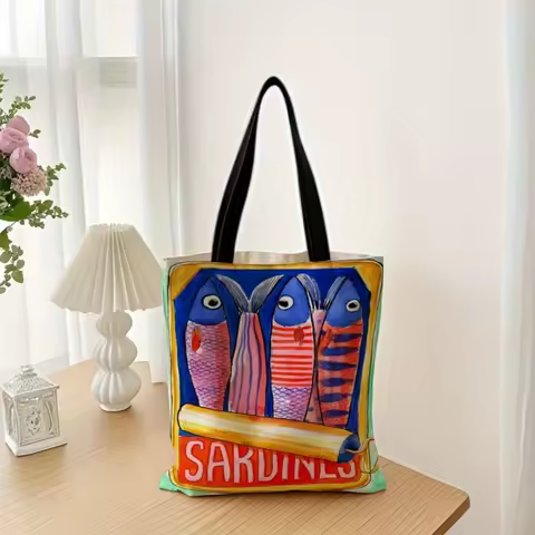 1pc Vibrant Sardine Can Tote Bag - Colorful Hand-Drawn Design, Durable, Large Capacity, Foldable, Id