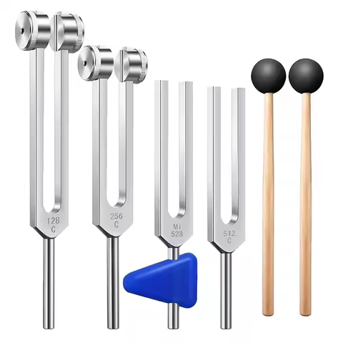 4PCS Lot Tuning Fork Set (128Hz 256Hz 512Hz 528Hz) with Mallet Chakra Massager Hammer for Sound Heal