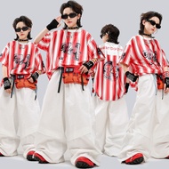 🔥Ready Stock🔥 Kids Street Dance Performance Outfit / Boys Red Striped Hip‑Hop Set / Kids Hip‑Hop Per