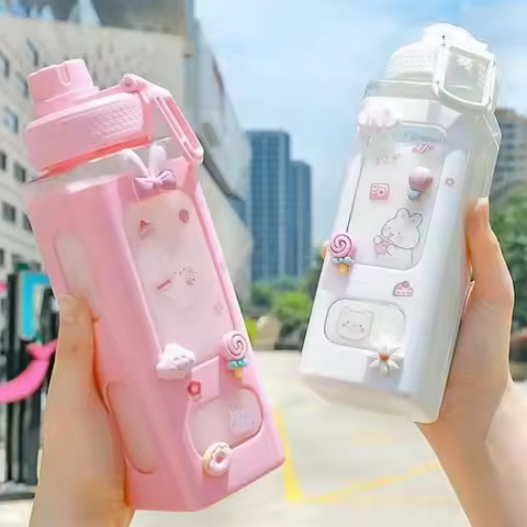 2-piece Set Large Kawaii Water Bottle with Straw and 3D Stickers Cute Kawaii Milk Bottle Tea Cup Jui
