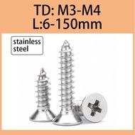 304 stainless steel countersunk head screw, flat head self tapping screw, extended cross self tapping thread wood screw M3/M3.5/M4