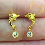 Xing Leong 916 Gold Dolphin Screw Earring Subang ikan lumba-lumba Skru Emas 916