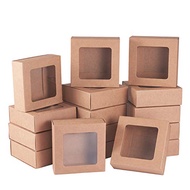 BENECREAT 20 Packs 3.5x3.5x1.2 Square Kraft Paper Gift Boxes Drawer Box with PVC Window Lid for Birt