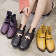 2019 Magic Stickers Solid Color Handmade Genuine Leather Oversized Boots Flat Bottom Casual Shoes Wo