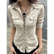 blouse cute blouse Amyway [American Hot Girl] Baju retro gaya kerja poket kerah kemeja wanita kancin