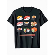 T-Shirt Grafik Pemakan Makanan Jepun Lelaki - Muka Comel Sushi (Maki, Gulung Tangan, Inari Sushi, Ch