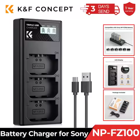 K&F Concept NP-FZ100 Charger 3-Slot A7iii with LCD Display Battery Charger for Sony A7iii A7iv A7Rv 