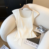 Áo Vest Lụa Băng Phong Cách Hàn Quốc Cổ Vuông Tay Lỡ Cho Nữ Mùa Hè Có Thắt Lưng Ngang Lưng Áo Len Dệ