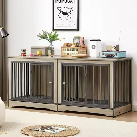 Dog Crate, Furniture for Large or 2 Medium Dogs, Wooden Kennel with Pull Out Tray and Removable Divi
