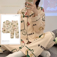 Womens Pajamas Sets Lapel Funny Pjs Cartoon Sleepwear Plaid Homewear Spring Autumn Knttted Girl Pija
