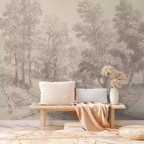 Traditional Vintage Landscape Wallpaper, Soft Tone Tree Mural Wall Mural For Home Decoration Wall Ar