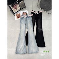 Embellished Pink Rhinestone Belt Flared Jeans 3357