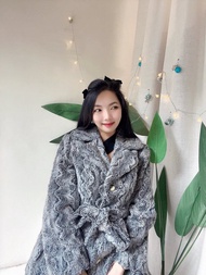 法式奢華淺灰波浪捲戀冬 古董仿皮草立體長絨毛大衣外套 overcoat