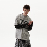 MADWITCH Retro Apocalyptic ลายพราง เสื้อยืดแขนยาวผู้ชายอเมริกัน สตรีทสไตล์ เสื้อท่อนบน Ins Splicing 