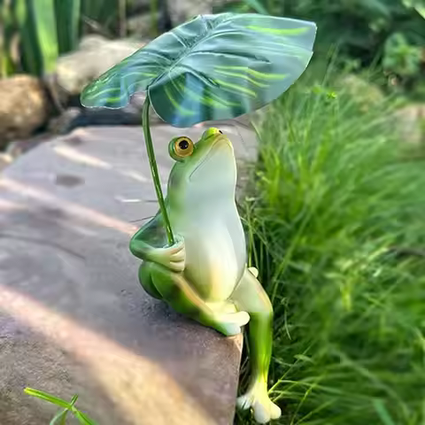Cartoon Holding Umbrella Leaf Frog Statue Creative Garden Yard Lawn Frog Figurine Landscape Decorati