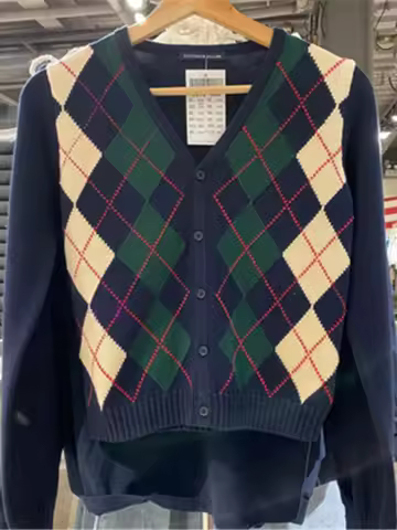 Brandy BM American Retro Diamond Knitted Sweater V-ne Cotton Plaid Open Cardigan Women's Versatile C