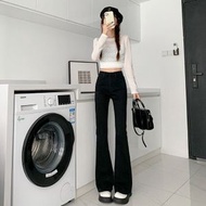 2025黑色高腰微喇牛仔褲女秋季小個子彈力修身復古馬蹄褲-黑色九分 XS