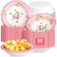 50 Pcs Floral Paper Tea Bowls 12 oz Tea Party Decorations Vintage Floral Disposable Bowls for Hot Co