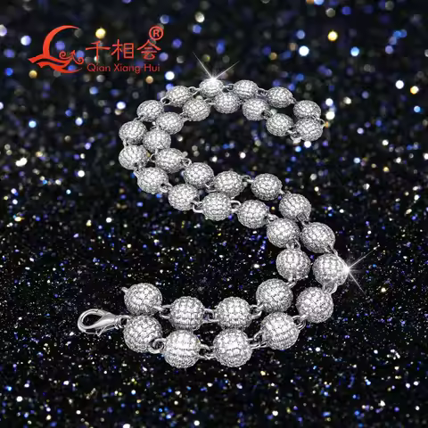 10mm buddha beads Necklace Silver 925 Cuban Link Hip Hop D VVS ball Moissanite Link Chain Jewelry Wo