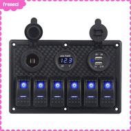 Freneci 6 Gang Rocker สวิตช์แผงอลูมิเนียมเปิด/ปิดไฟสีฟ้า
