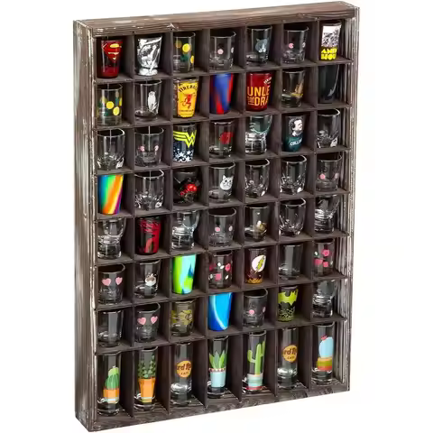 Rustic Wood Shot Glasses Display Case 56 Components Wall Mount Pint Glass Box Bar Cabinet Collection