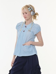 ziziFei''甜甜滿天星''夏季新款淺藍色波點復古娃娃領短袖襯衫女