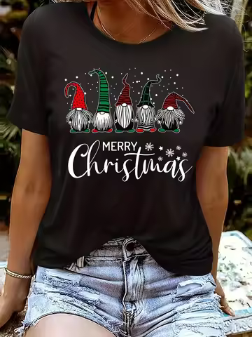Women's Y2K Clothing Women's Christmas Gnome Print T-Shirt Black Casual Round Neck Tee with Festive 