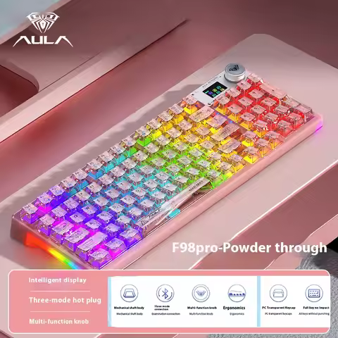 AULA F98 Pro Mechanical Keyboard W/ Rotate Button RGB Backlit Customized Screen Tri-Modes Game Espor