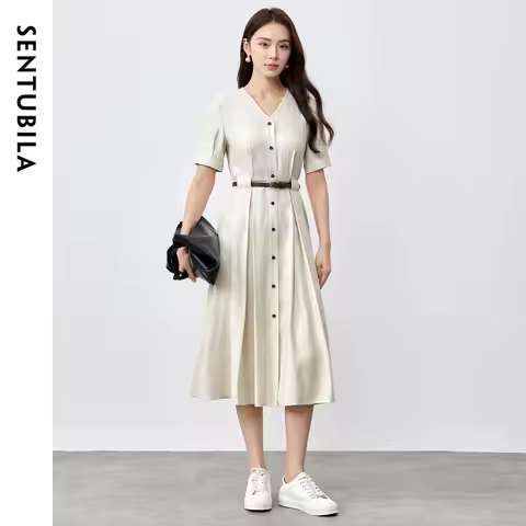 SENTUBILA Linen Blend Women's Dresses 2025 New A-line Solid V Neck Short Sleeve Button Elegant Long
