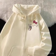 奶杏色可爱kitty开衫连帽卫衣女2024秋季新款薄款外套小个子上衣Sweatshirts