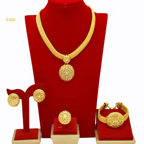 24K Gold Disc Minimalist Luxury Necklace Bracelet Earrings Ring 4-Piece Set Women AU999 seamless des