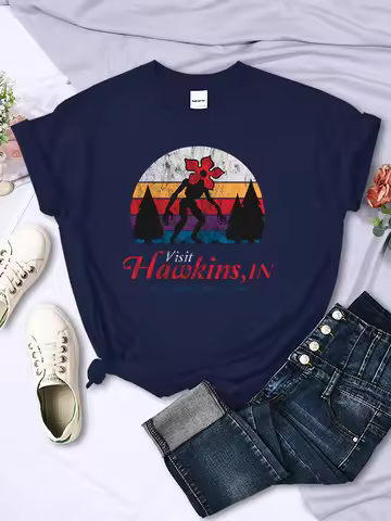 Visit Hawkins Vintage Distressed T Shirt Women Summer Casual Tshirt Fashion Street Crop Top Hip Hop 