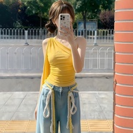Yellow Halter Sleeveless Stylish Fitted Crop Tshirt