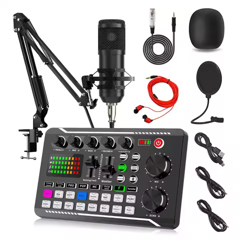 Podcast Live Streaming Bundle, F998 Wireless Bluetooth Live Sound Card with Microphone Set Mixer Rec