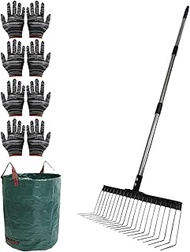 Lawn Dethatcher Rake, 15.6 Inch 21 Tines Thatch Rake with 4 Handle Sections & Leaf Bags, Up to 1.66m