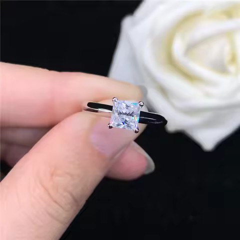 Certified 1CT Princess Moissanite Engagement Ring Women Solid 18K White Gold AU750 Ring Best Jewelry