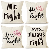 Couple Pillow Case Linen Sarung Bantal Kusyen 40x40/45x45/50x50/60x60/30x50cm Mrs Mr Right Heart Pat