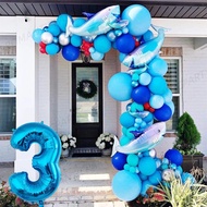 59/60pcs Ocean Theme Balloons Set Shark Foil Balloon 32"Blue Number Metallic Balloon Blue Latex Ball