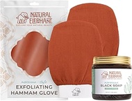 Natural Elephant Moroccan Black Soap 200g (7oz) and 2 Pack Exfoliating Hammam Glove Combo (Burnt Ora