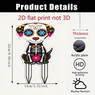 2D Flat Day Of The Dead Skeleton Dog Acrylic Garden Stake - 2D Flat Garden Decor With Vibrant Floral
