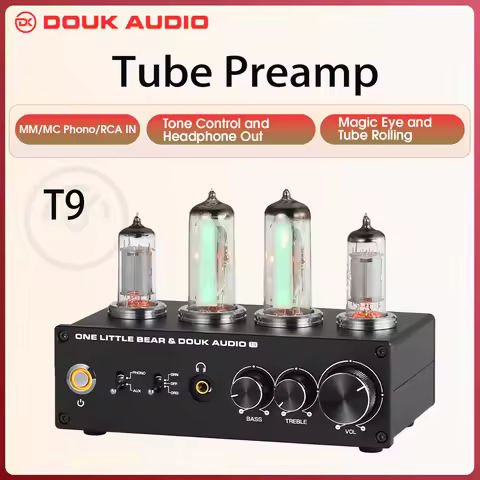 Douk Audio T9 Mini 6E2 Stereo Audio Vacuum Tube Preamplifier MM/MC Phono Stage Turntable Preamp Head