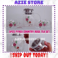 HOT 5PCS PYREX COUNTRY ROSE/SAKURA GLASS TEA SET BY CORELLE / JUG SET / TEAPOT & CUP KACA PYREX / TE