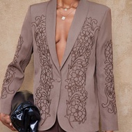 VITNOS Fall/Winter High-End Embroidered Fabric Chocolate Brown Shawl Collar Long Sleeve Elegant Casu