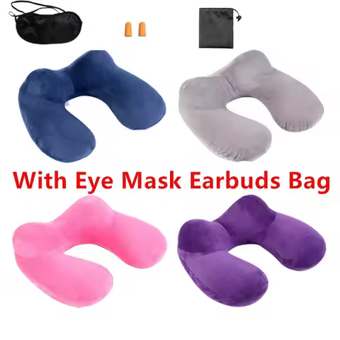1 Set Blue U-Shape Travel Pillow Neck Pillow With Eye Mask Earbuds For Airplane Inflatable Travel Ac